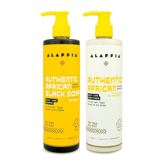 Alaffia Authentic African Black Soap Scalp Care Shampoo and Conditioner - For All Hair Types Normal to Dry Scalp, Nourishes & Soothes the Scalp with Shea Butter & Neem Oil, Tea Tree & Mint, 12 Oz Each