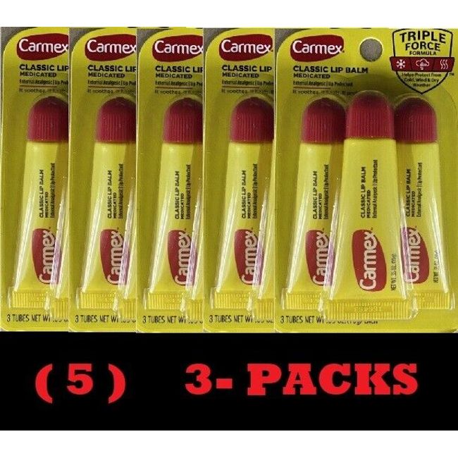 5x Carmex 3 Packs Classic Lip Balm Medicated Protectant 15 Tubes - NEW FREE SHIP