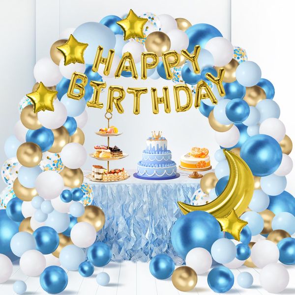 BEBOAN Luftballons Geburtstag Deko, 125pcs Blau und Weiß Ballon Girlande Set mit Gold Konfetti Ballon Happy Birthday Banner, Geburtstag Dekoration für Jungen Mädchen Baby Kinder Dusche Jubiläum