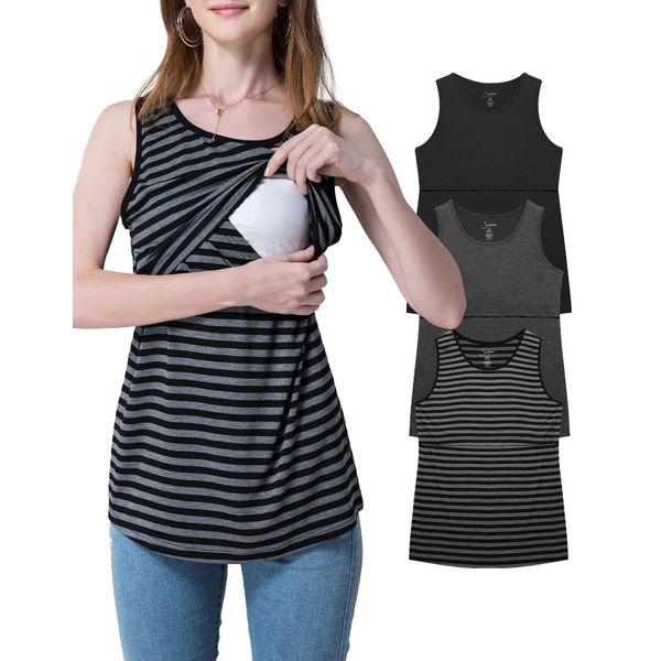 Sosolism Rayon Maternity Nursing Tank Tops for Breastfeeding/Delivery Pullover Clothes, Black/Grey/Striped, XL