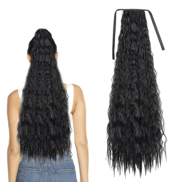 Traziewell Curly Hair Ponytail Hair Extensions One Piece Ponytail Hair Extensions Binding Curly Wavy Clip in Extensions Wrap Around Tie Up Black 2309