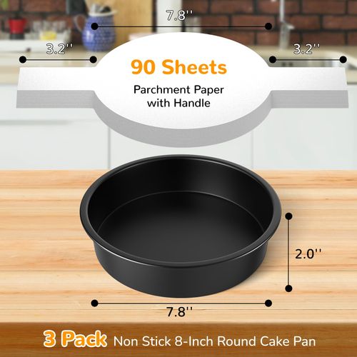 8 Inch Round Cake Pan Set of 3, Nonstick Baking Pans with 90PCS Parchment Paper, Dishwasher Safe