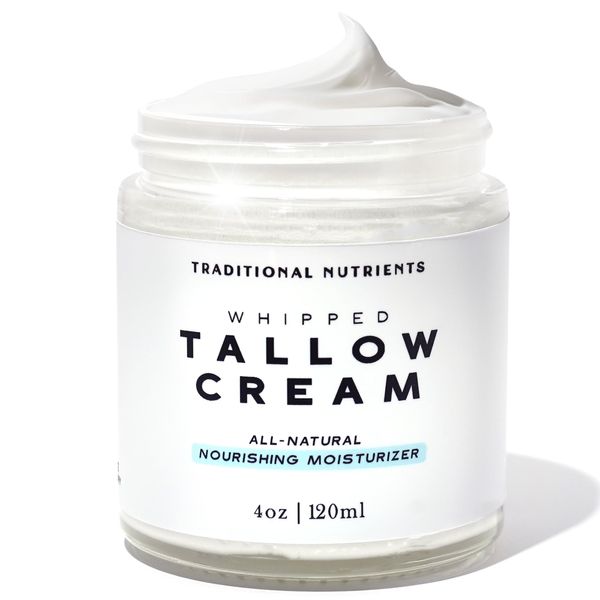 TRADITIONAL NUTRIENTS Whipped Tallow Skin Cream GRASS FED + Plain, No Additives, Tallow Face Cream, Tallow Lotion, Glass Jar, Tallow Balm, Beef Tallow Moisturizer (4 oz.)