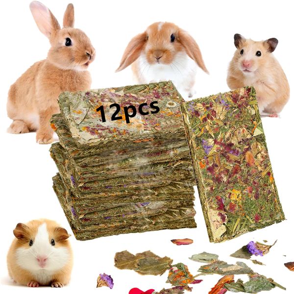 YTSKJ 12pcs Rabbit Toys Bunny Chew Toy Guinea Pig Treats Timothy Hay Toys Chips with Herbal Flowers Hamster Snacks Chinchillas Gerbils for Small Animals Teeth Food Timothy Grass