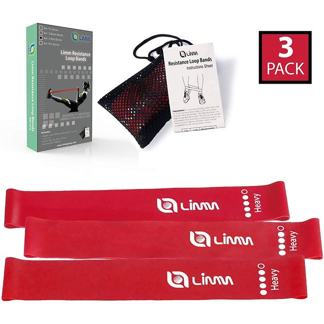 Limm Resistance Loop Exercise Bands - Set of 3 Bands for Working Out with Instruction Guide & Carry Bag - Mini Resistance Bands for Home Workouts, 12" x 2"