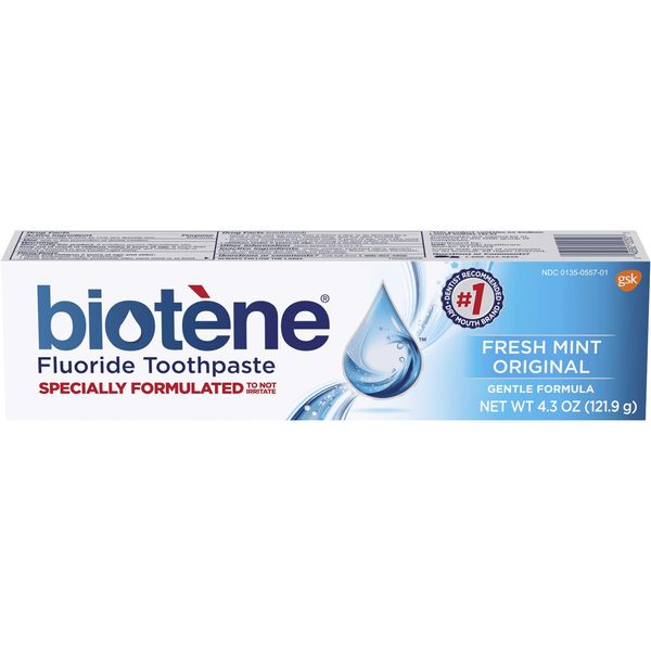 biotène Fluoride Toothpaste for Dry Mouth Symptoms, Bad Breath Treatment and Cavity Prevention Fresh, Mint, 4.3 Ounce (10050A)