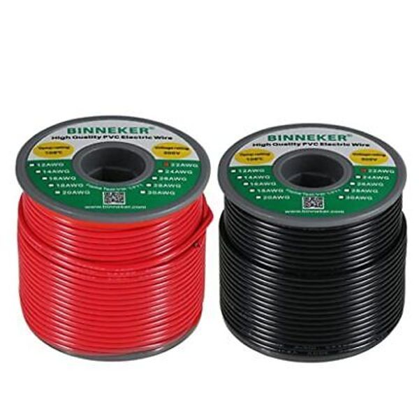 BINNEKER 22 Gauge PVC 1007 Solid Electric Wire Red 2 Colors Each 100ft, Black