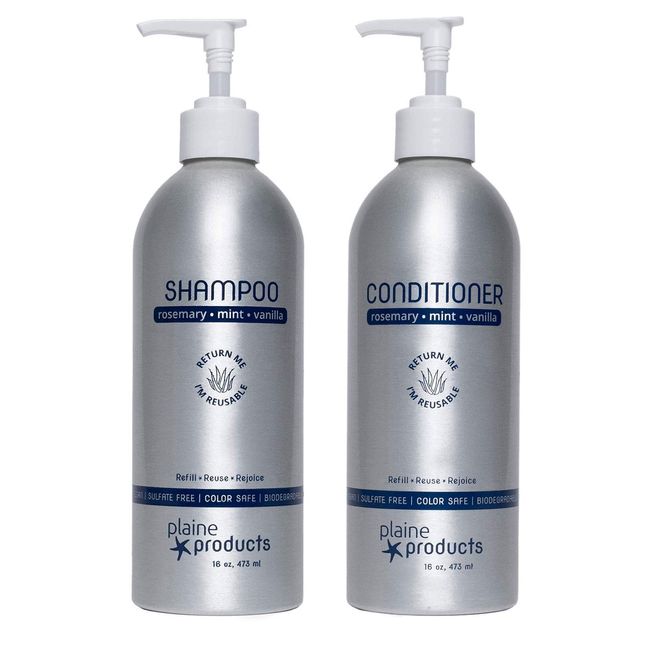 Eco Friendly Shampoo and Conditioner Rosemary, Mint, Vanilla Sulfate Free, 16 oz (Refillable Bottles with Pumps)