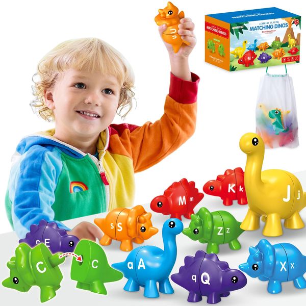 TEWIWAP ABC Matching Dinosaur Alphabet Learning Toy, Dinosaurs for Toddlers, Toys for Kids 4-6, Montessori Learning Toys for 3 4 5 Year Old, Fine Motor Toys (13Pcs Dinos with 26 Letters)