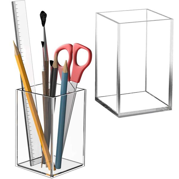 2 Pieces Pencil Pen Holder, Makeup Brush Holder, acrylic holder, Square Pen Pot, Makeup Brush Organizer, Clear Acrylic Square Pen Holder for Lip Liners, Eye Liners, Makeup Pads (Transparent)