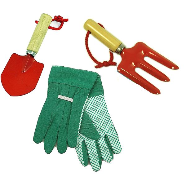 Young Gardener Starter kit - Includes gardening gloves, mini fork & trowel - Kids gardening set,GREEN,25 x 15 x 3 centimetres