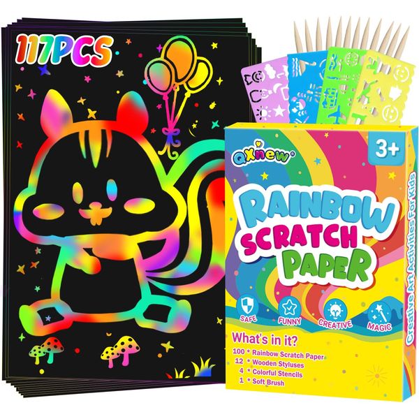 QXNEW Scratch Paper Gifts Sets: 117PCS Magic Rainbow Scratch Off Art-Crafts Paper Pad Kits for 3 4 5 6 7 8 Year Old Boys Girls Toys Supplies for Birthday Halloween Christmas Fun Project Party Favors