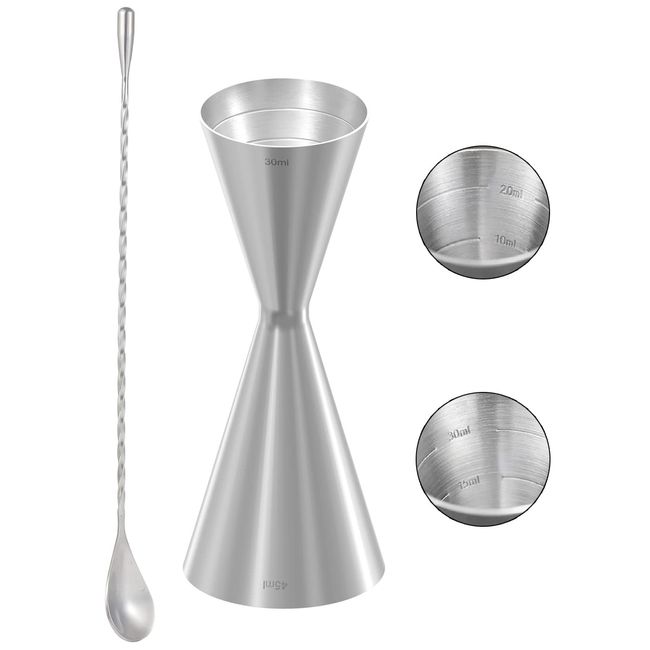 30ml/45ml Jigger Cup Graduated Cocktail Measuring Cup Bar Spoon 30cm Stainless Steel Measuring Cup/Measure Cup Stainless Steel Muddler Cocktail Spoon Whiskey Measuring Bar Spoon Jigger Cup Whiskey Tobartender Bartender Set (2 Pack)