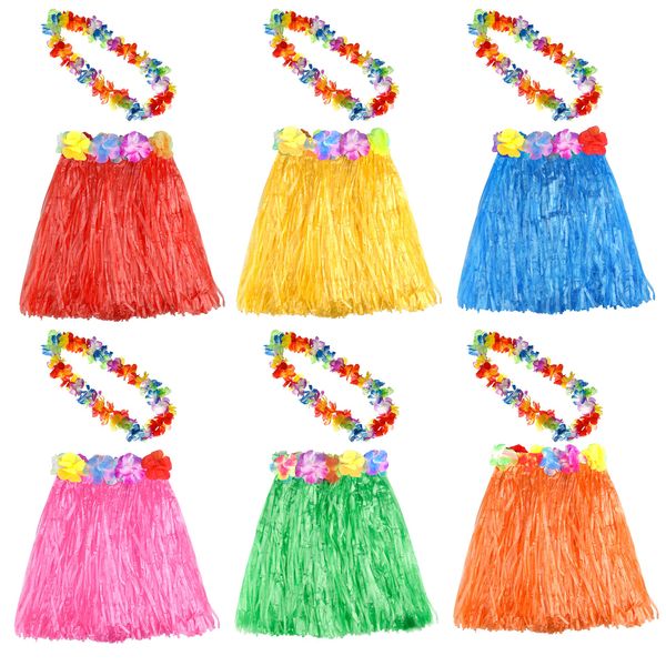 KUUQA 6 Set 12 PCS Hawaiian Grass Hula Skirt With Flower Leis Necklace Hawaii Luau Skirts Necklace Costume Fancy Dress for Kids Girls Women Luau Birthday Party Favor Bags Supplies (Random Color)