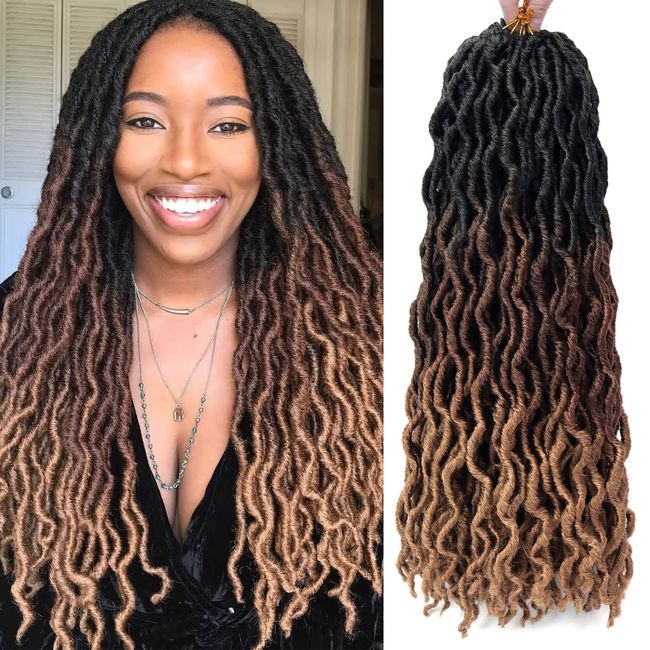 18 Inch Goddess Faux locs Crochet Hair 6 Packs/Lot Soft Gypsy Locs Wavy Crochet Braids Dreadlocks 3 Tone Curly Wavy Twist Braiding Hair Extensions African Roots Braid（#1B/30/27)