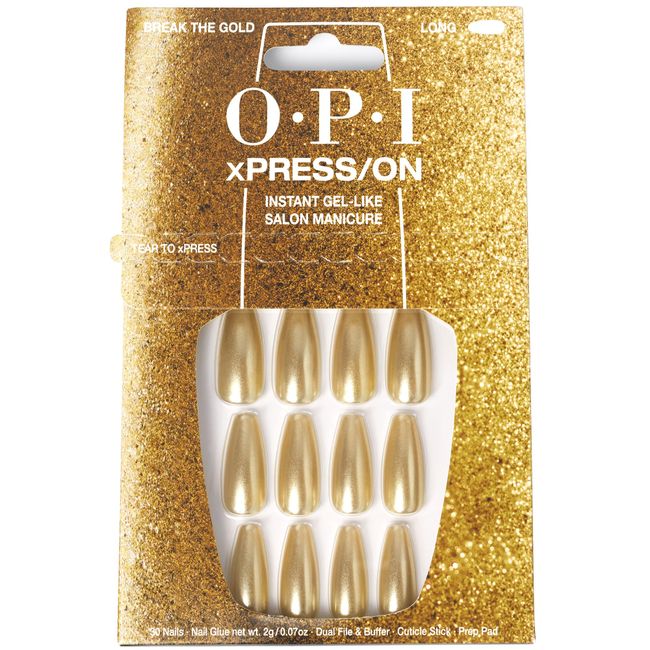 OPI xPress/On Press On Nails, Up to 14 Days of Gel-Like Salon Manicure, Vegan, Sustainable Packaging, With Nail Glue, Long Gold Shimmery Coffin Shape Nails, Break the Gold