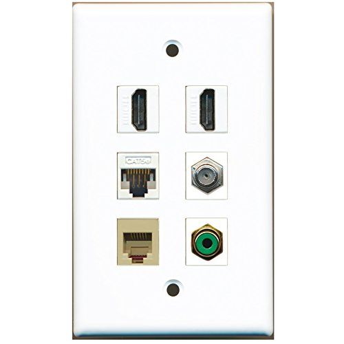 RiteAV - 2 HDMI 1 Port RCA Green 1 Port Coax Cable TV- F-Type 1 Port Phone RJ11 RJ12 Beige 1 Port Cat5e Ethernet White Wall Plate