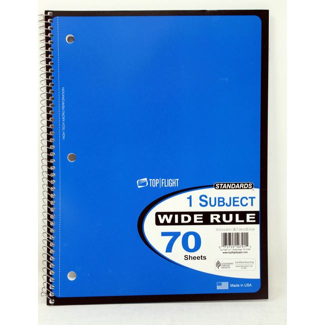 Top Flight Standard Wide Rule 70 Sheets Notebook Various Colors 1 Count