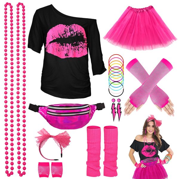 WILDPARTY 80s Fancy Dress For Women, Lip Print T-shirt, Tutu Skirt, Leg Warmers, Necklace, Fishnet Gloves, Earrings, 1980s Costumes Neon Accessories for Retro Theme Party Cosplay