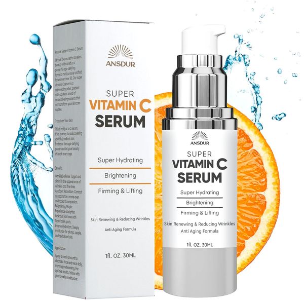 ANSDUR Super Vitamin C Serum for Women over 70: Hyaluronic Acid Serum for Face, Dark Spot Remover and Wrinkle Reduction - Lifting, Smoothing, Moisturizing, All in One Skin Care Formula, 1 fl oz