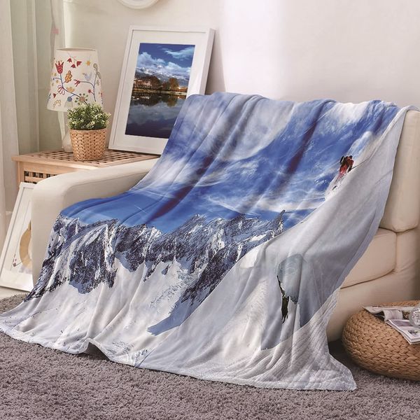 KnBoB Throw Blankets for Bed, Retro Pattern Blanket White Blue Snow Mountains Pattern Flannel Blanket 80×120CM