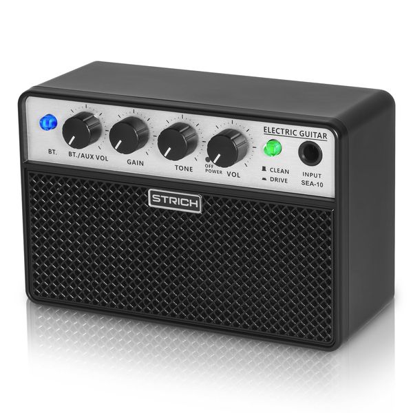 STRICH SEA-10 Electric Guitar Amplifier Compact & Portable Wireless Amplifier Dual Channel, Clean/Drive Tone, Rechargeable Electric Guitar Amplifier 2 x 5W, Practice Anywhere with 1/8 Headphone Output