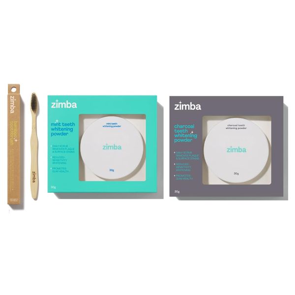 Zimba Activated Day & Night Whitening Powder Kit - Minty (30 g) and Activated Organic Charcoal Teeth Whitening Powder (30 g) with a Free Bamboo Toothbrush for Coffee, Wine, Tobacco, and Other Stains