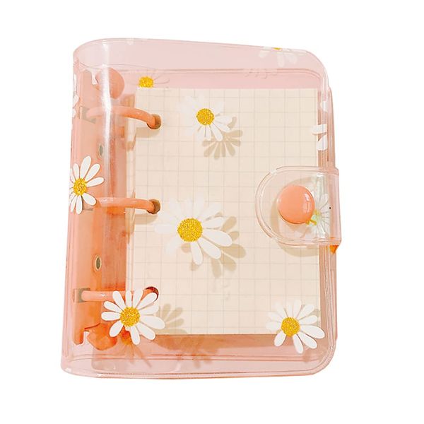 JIHUOO Mini 3 Ring Binder Cover PVC Notebook Loose Leaf Binder Snap Button Loose Leaf Folder Round Ring Binder Cover Protector Pink