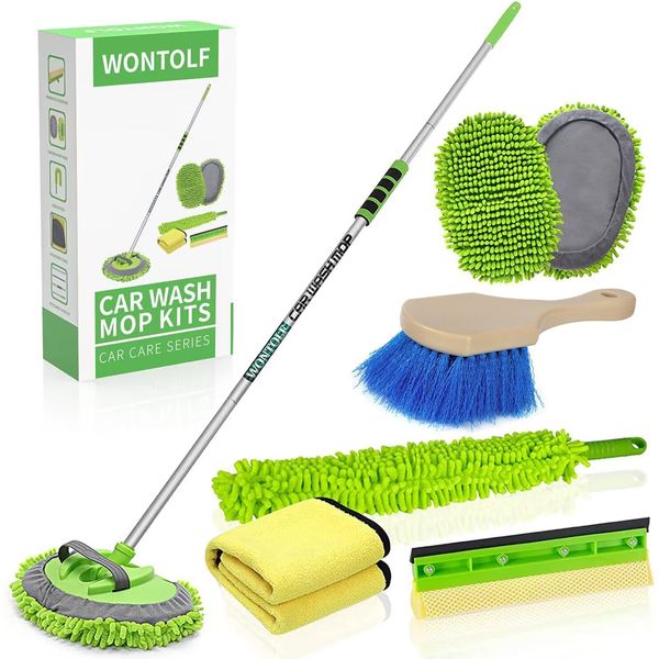 Wontolf 62'' Car Wash Brush with Long Handle Chenille Microfiber Car Wash Mop Mitt Wheel Brush Car Cleaning Kit Windshield Window Squeegee Microfiber Car Duster Dry Towels for Cars RV Truck Boat 10PCS