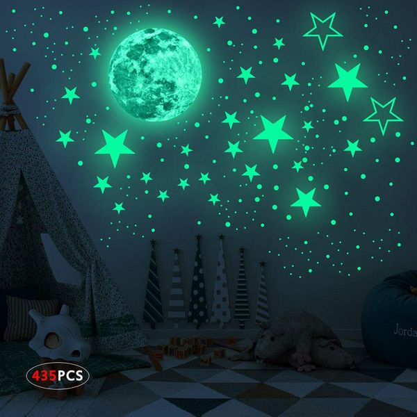 Realistic 3D Glow in The Dark Stickers, 435pcs Luminous Dots Stars and Moon DIY Wall Stickers for Ceiling Or Walls, Glow Brighter and Longer Perfect for Kids Bedroom Living Room Decoration