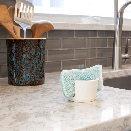 Ceramic Dish Sponge and Scrubby Holder - Caddy - Drainer for Kitchen Sink | Decorative | Allows Sponge to Dry | Helps Reduce The Odor of Stinky Sponges | Bar Soap Holder for Sink (White)