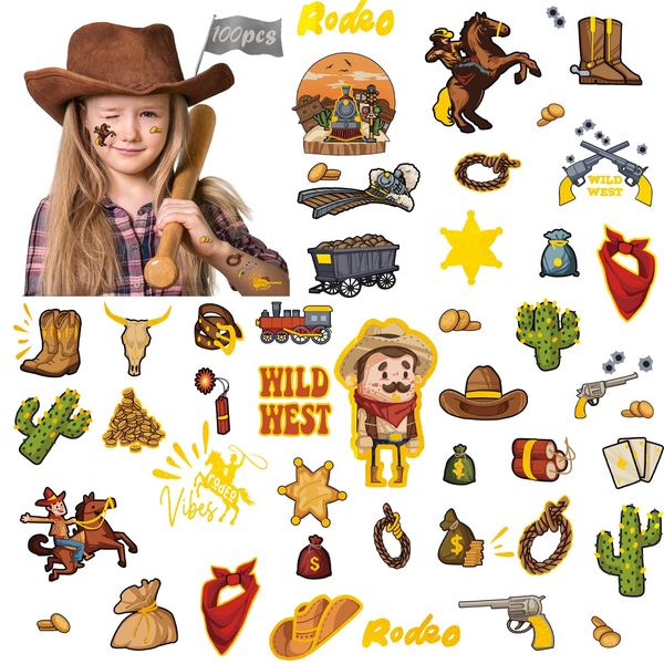 100PCS Cowboy Temporary Tattoos for Kids, Boys Cowboy Crafts, Rodeo Cowboy hats Boots Horse Shoes Fake Tattoo Body Sticker for Cowboy Party Decorations Favors Supplies Kids Boys Girls Party Bag Filler