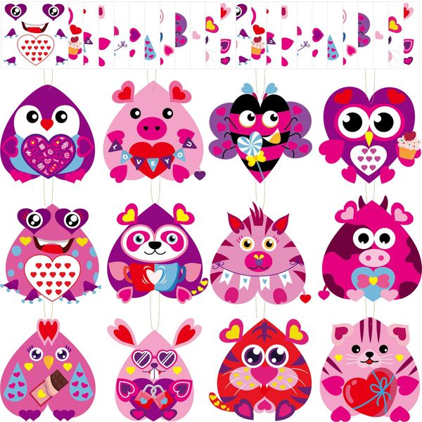 Qyeahkj 36 Sets Valentine's Day Animal Crafts for Kids DIY Valentines Craft Paper Kits Make Your Own Heart Owl Tiger Rabbit Bee Frog Bear Set for Valentine Spring Party Activity Game Toys