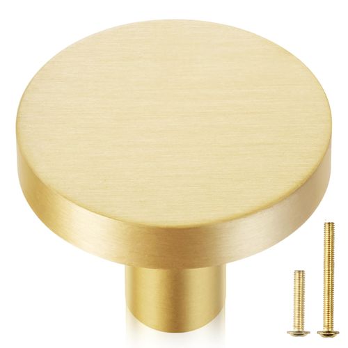 QOGRISUN 5-Pack Solid Brass Cabinet Knobs, 1-3/16-Inch Diameter, Round Gold Dresser Drawer Pulls Handles, Modern Kitchen Hardware, Brushed Brass Finish