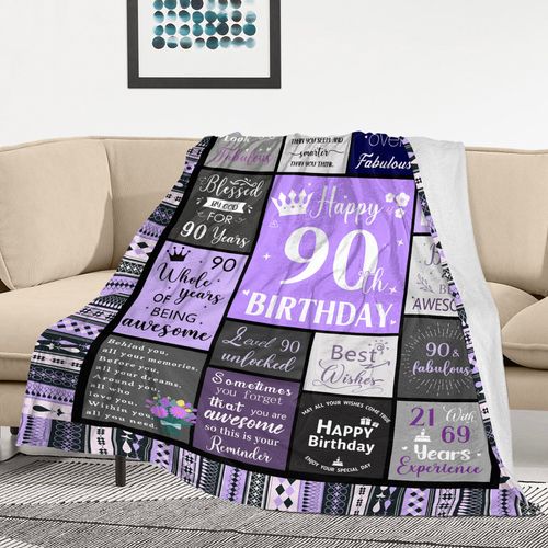 Remwiso 90th Birthday Gifts for Women Soft Purple Blanket 60"X50", Best Gifts for 90 Year Old Woman, Happy 90th Birthday Ideas Party Favors Decorations, 1935 Woman Present Throw