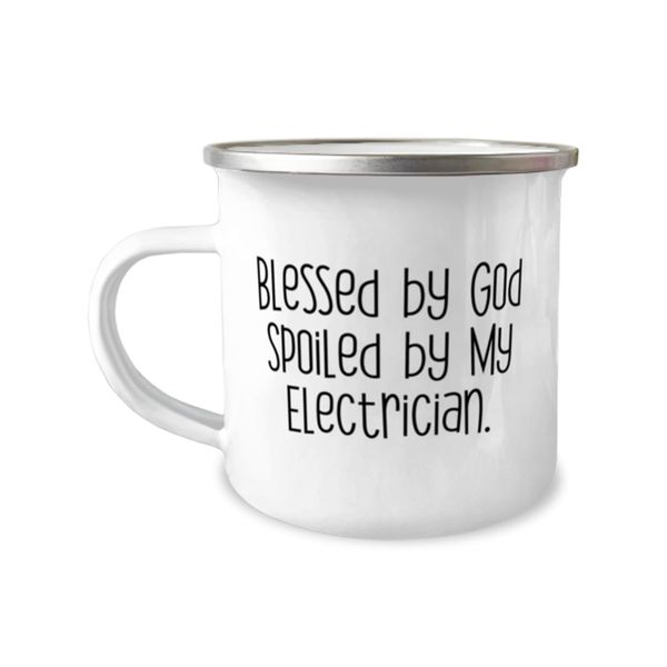 Best Electrician Gifts, Blessed by God Spoiled by My Electrician, Inspirational 12oz Camper Mug For Coworkers From Coworkers, Electrician mug, Electrician keychain, Electrician Tshirt, Electrician