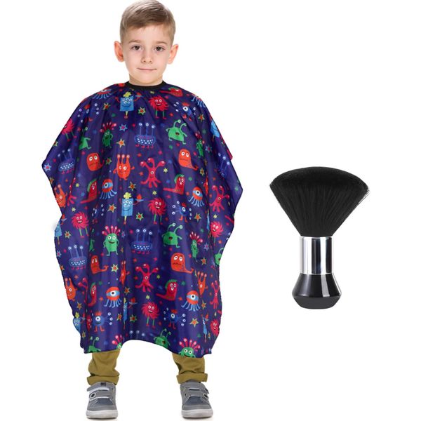 Kids Barber Cape with Neck Duster Brush, Professional Salon Hair Cutting Cape with Adjustable Snap Closure(Cartoon Monster)