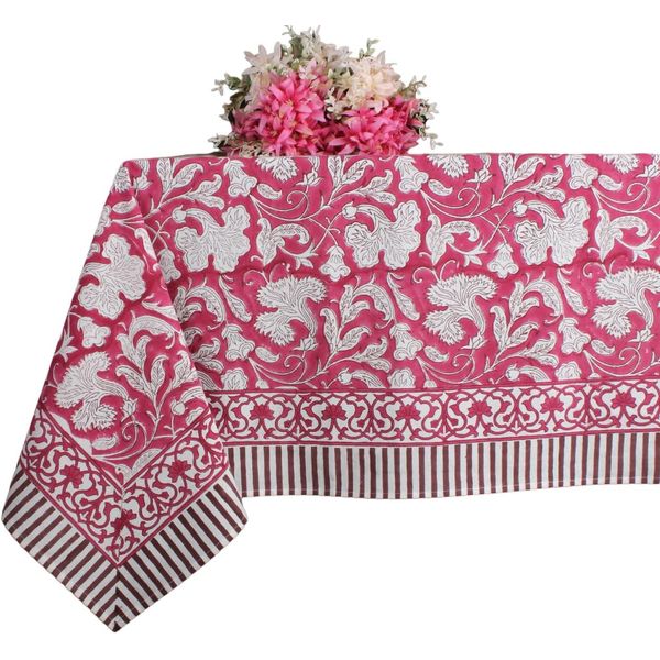 -Deep Pruce Red Cotton Tablecloth, Handblock Print Floral Table Cloth for Kitche