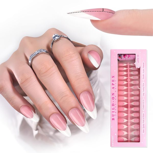 EBANKU French Tip Press on Nail, 150Pcs Pre-shaped Glue on Nails Pink Medium Almond False Nails Gel Nail Tips-Thick Acrylic Nails for Flat Nails with Nail Glue