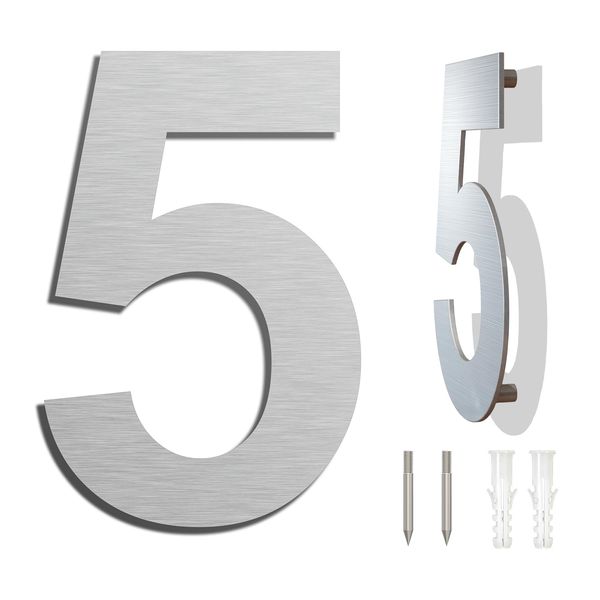 Brushed Modern House Number -6 Inch 152mm Height, Made of Solid 304 Stainless Steel, Floating Appearance and Easy to Install (Number 5 Five)