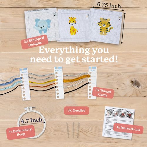 Kraftex Floral Stamped Cross Stitch Kits for Beginners - 3 Pack. DIY Embroidery Needlepoint Patterns for Adults and Kids. Easy Cross Stitch Kits for Beginners (Zoo Creatures)