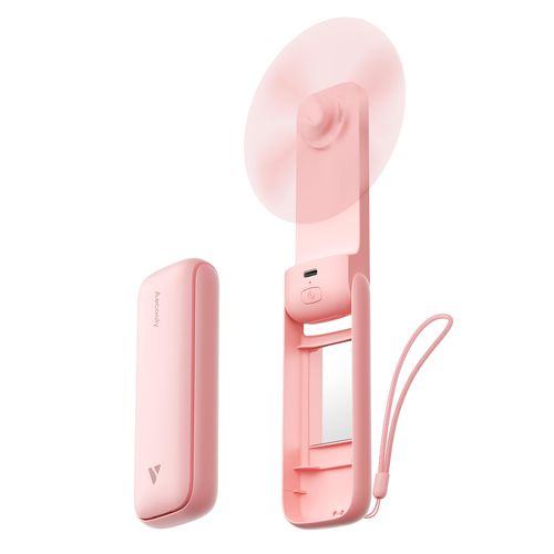 Aecooly Slim Portable Fan with Mirror, Thin Handheld Fan, USB Rechargeable Mini Personal [24H Max Cooling Time], Battery Powered Small Foldable Pocket for Travel, Lash, Makeup, Gifts for Women -Pink
