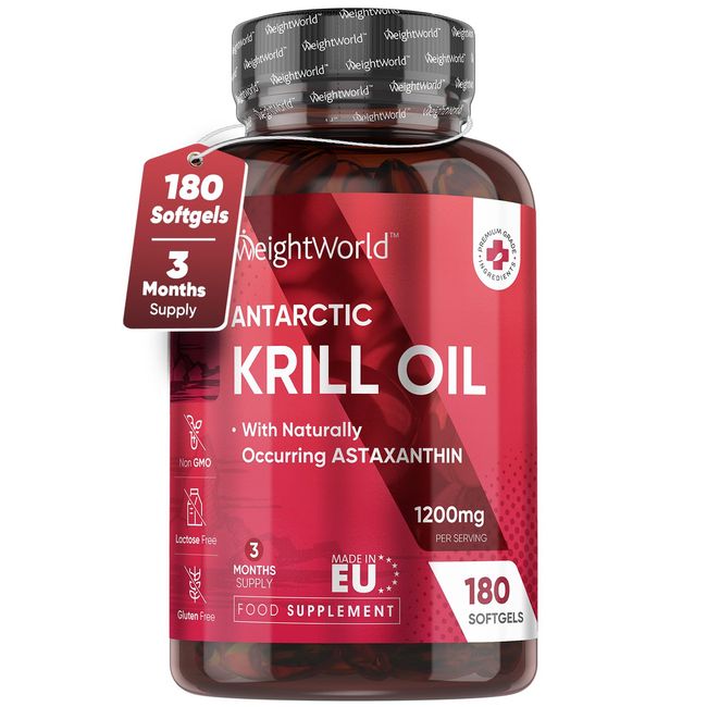 Antarctic Krill Oil Capsules High Strength - 3 Months Supply - 180 Red Krill Oil Softgels - Omega 3 Fatty Acids Supplements - EPA, DHA, Astaxanthin & Choline - Omega 3 Fish Oil Alternatives