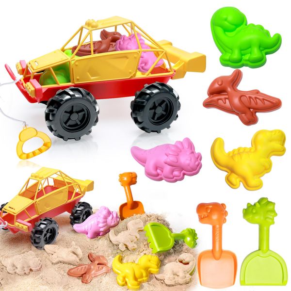 Crelloci Beach Toys Set, Multi-Function Beach Car, Sand Shovels & Dinosaur Sand Molds, Outdoor Travel Sand Toys with Wheels Handrails & Pull Ropes for Kids Toddlers Boys Girls Age 3-10