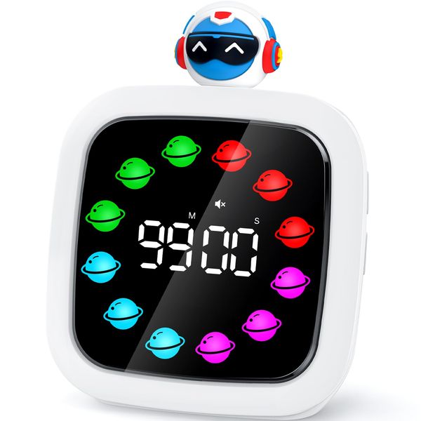 Yunbaoit Digital Visual Timer for Kids, Rechargeable 99-Minute Silent Countdown Timer with 19 Ringtones, 9 Optional DIY Color Planet Display, Time Management Tool with Pause Function (Robot)