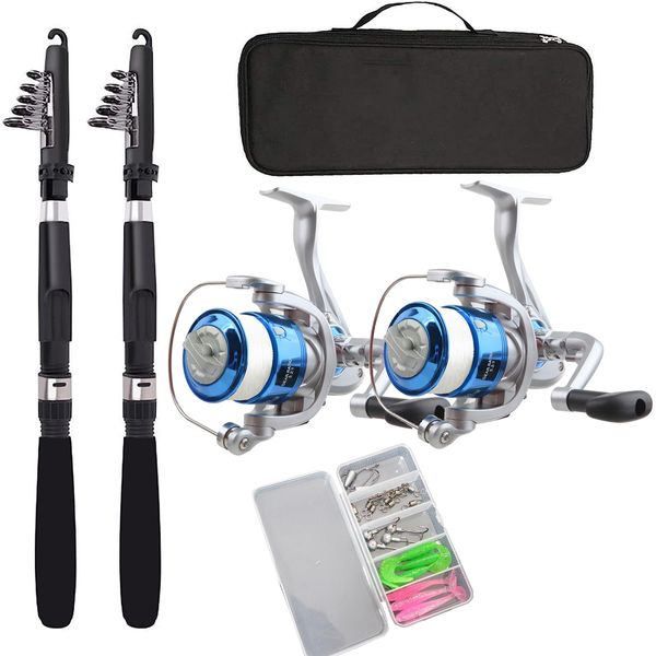 CAMPSTORS Fishing Set for Beginners, 2 Pieces of 2.1 M Fishing Rod Set, Saltwater Fishing Set, Compact Rod, Introductory Set, Spinning Reel, Carbon Rod, Portable, Lightweight, Includes Lure Set,