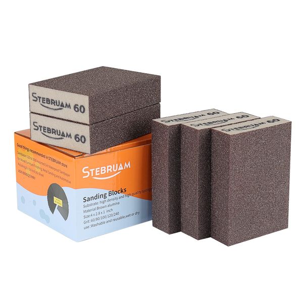 STEBRUAM 5 Pieces Sanding Sponges,Coarse and Fine Sanding Blocks -60 Grits Specifications Sanding Pads,sand sponge Washable and Reusable,Sand Paper Pack for Metal Wood Wall