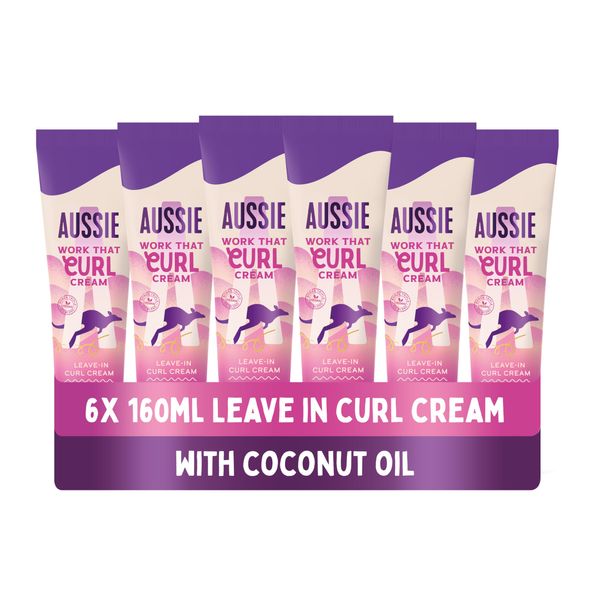 Aussie Work That Curl Defining Curl Cream | For Dry Curly & Wavy Hair | Jojoba Oil, Coconut Oil & Macadamia Nut Oil | Cruelty Free Vegan Formula | Multi-Tasking Curling Cream (Pack of 6 x 160ml)