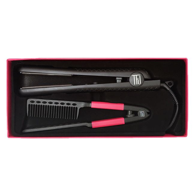 New Women Travel Box Kit Professional Ceramic Flat Iron Hair Comb Set Black Pink