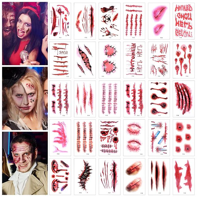 Halloween Aufkleber Gesicht, 30 Blatt Halloween Tattoo Gesicht Wunden Tattoos Zombie Make Up Gesicht Aufkleber Halloween Kostüm Vampir Cosplay Accessoires Dekorationen (30 pcs- B)